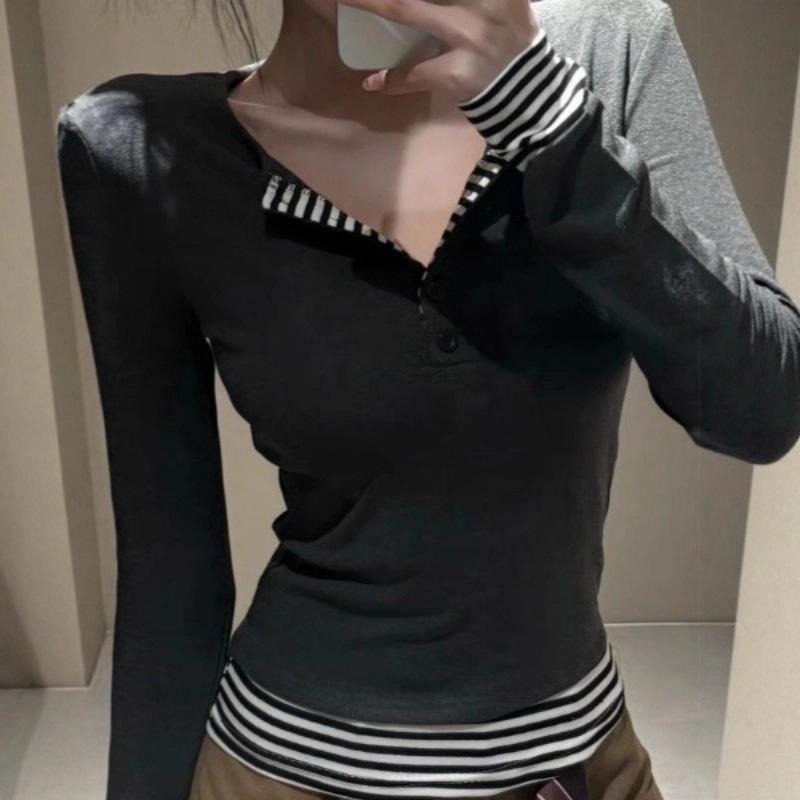 2025 Women's Autumn/Winter Striped Color Block Long-Sleeve Patchwork Two-in-One T-Shirt