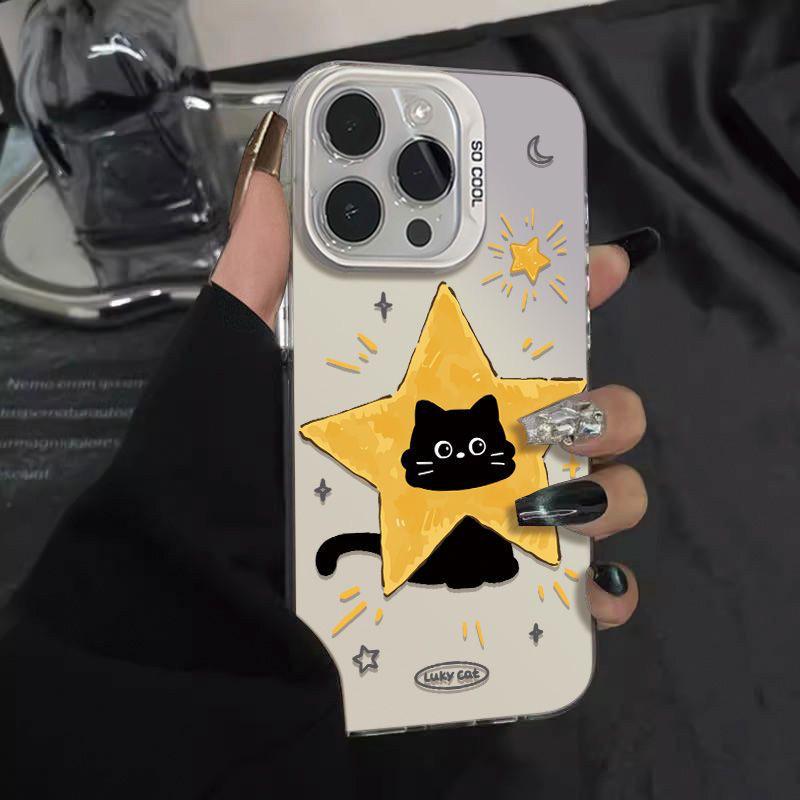 Черный кот со звездами Чехол для iPhone: Подходит для iPhone 16 Pro, Apple 17 Pro Max, Нового 14, Мультяшного 12 - Максимальная защита
