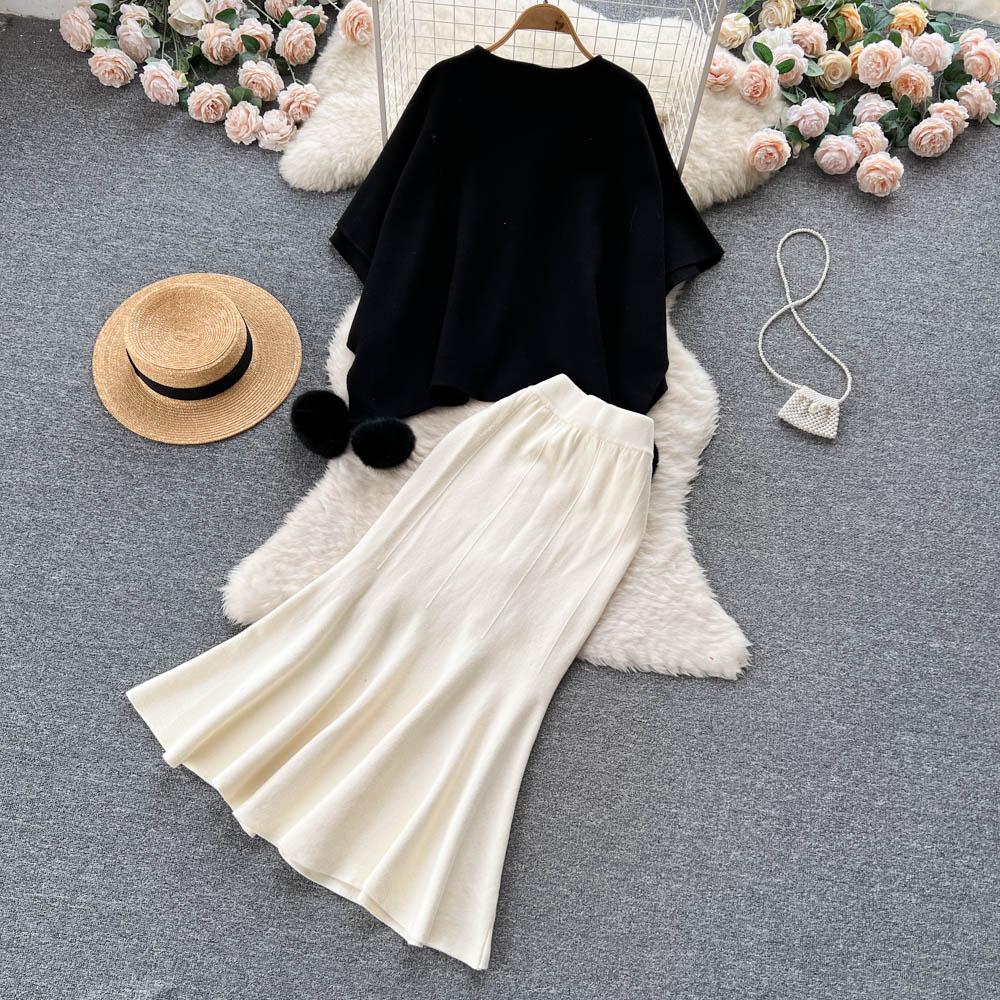 High Sense Of Retro Irregular Cape Shawl Women + High Waist Temperament Knitted Fishtail Half-Body Skirt Two-Piece Set