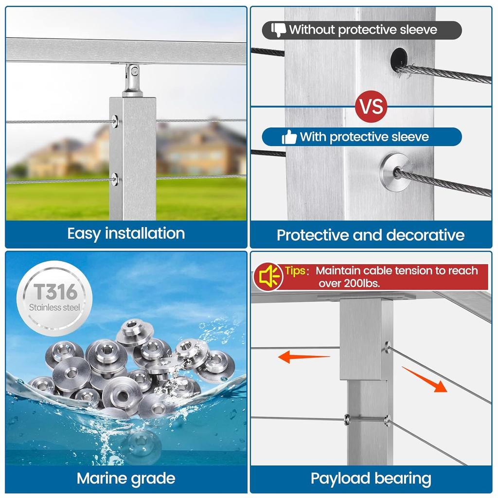 Muzata 40 Pack 1/8" Level Wheel Cable Railing Grommets ONLY for Level 1/8" Wire Rope T316 Stainless Steel Protector Sleeves Deck Cable Railing