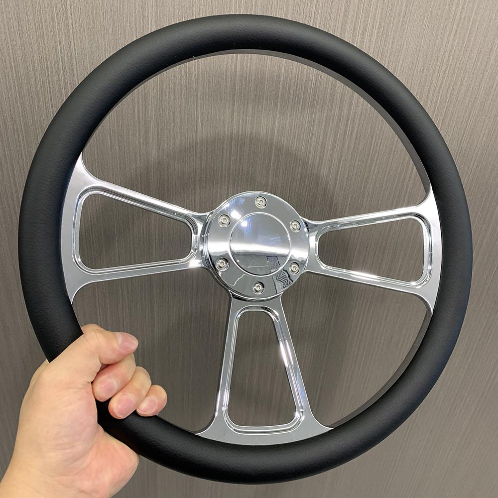 Universal 14 Inch 350mm Classic Retro Microfiber Leather Steering Wheel Black Chrome Plated Three Spoke Bracket 7mm Thick