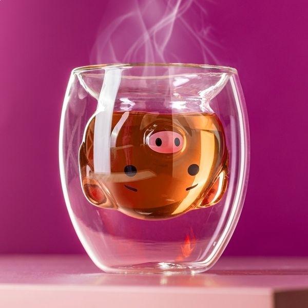 Стеклянная чашка со свиньями с двойными стенками, кофейная чайная кружка, оригинальная свинья
