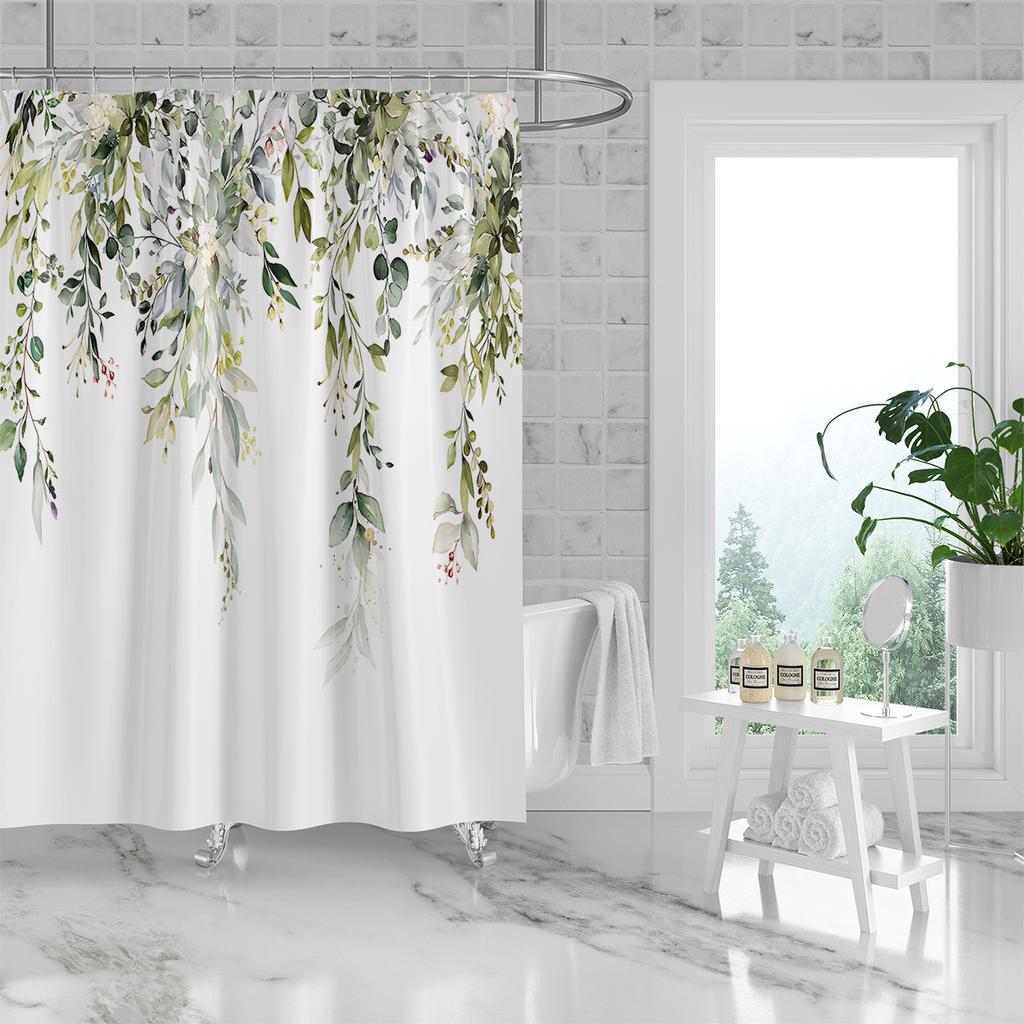 1PC Green Sage Plants Pattern Printed Shower Curtain, Waterproof and Washable, with 12 Hooks, Bathroom Shower, Bathtub, Home Use