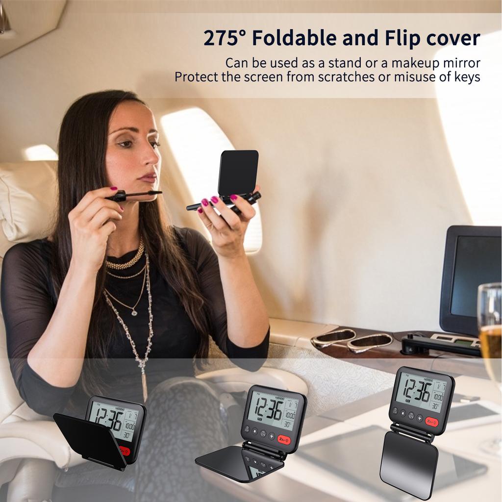 Мини-портативный цифровой дорожный будильник с ЖК-подсветкой, календарь, температура 12/24 ч, зеркальные часы для макияжа, стол для спальни