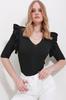 Women's Blouse New Season Fashion Black V-Neck Sleeves Ruffle Knitwear Blouse
