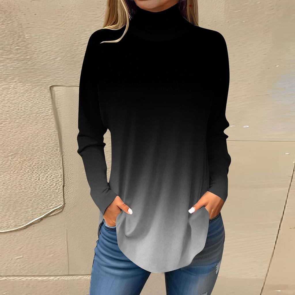 Футболки для женщин, осенние повседневные рубашки с длинными рукавами, толстовка с винтажным принтом, топ с высоким воротом, пуловер