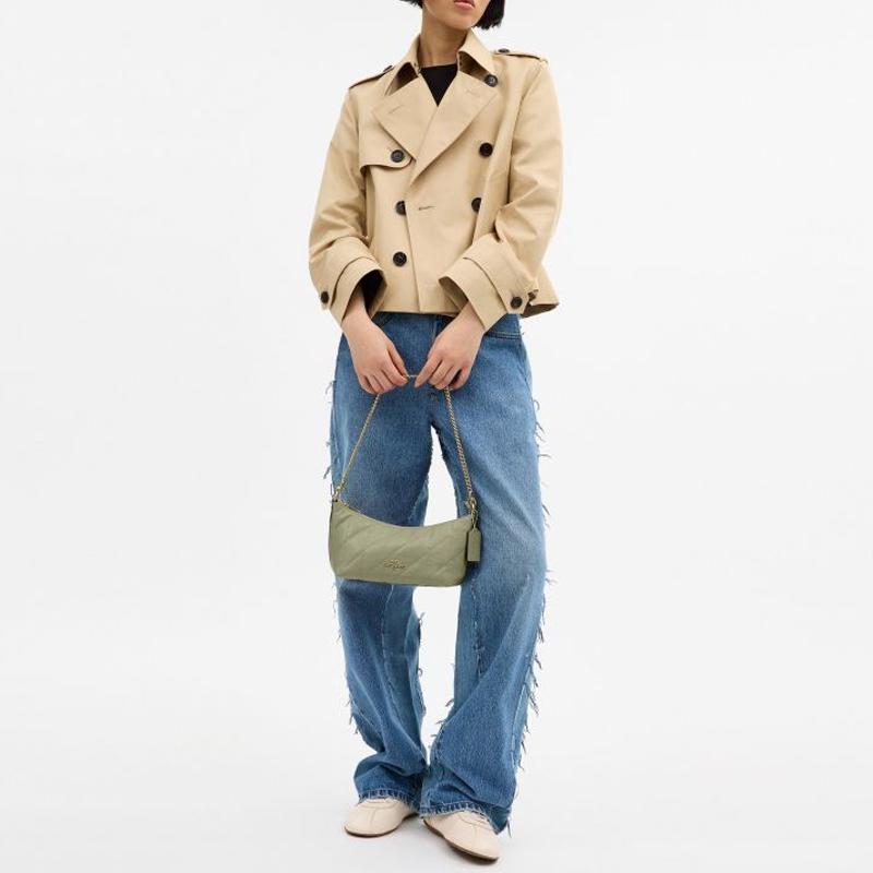 COACH CAITLIN 24 quilted details gold carriage logo cowhide hand-held crossbody shoulder bag medium size women's olive green