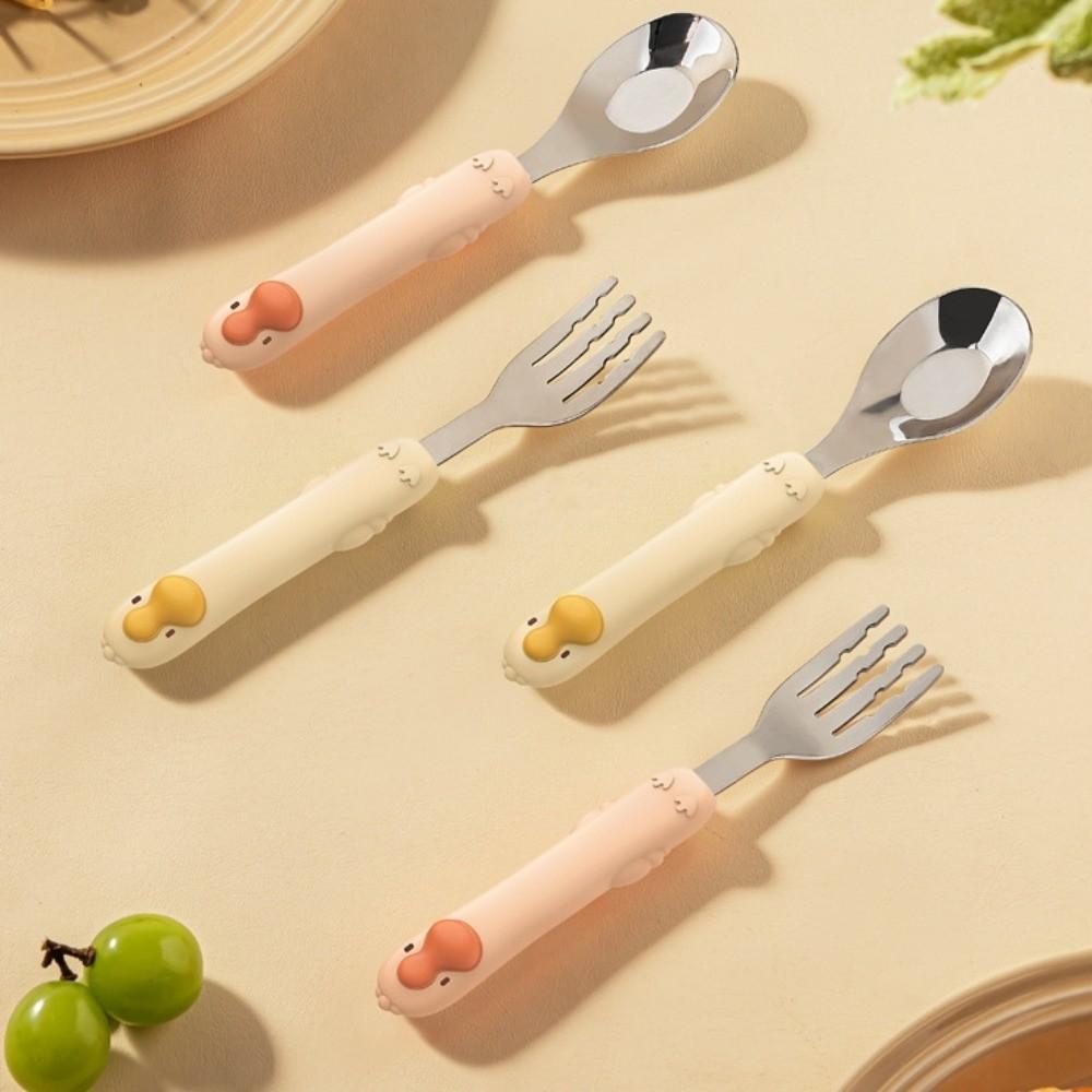 Self Feeding Baby Fork and Spoon Set 316 Stainless Steel Child Tableware  Training Eating