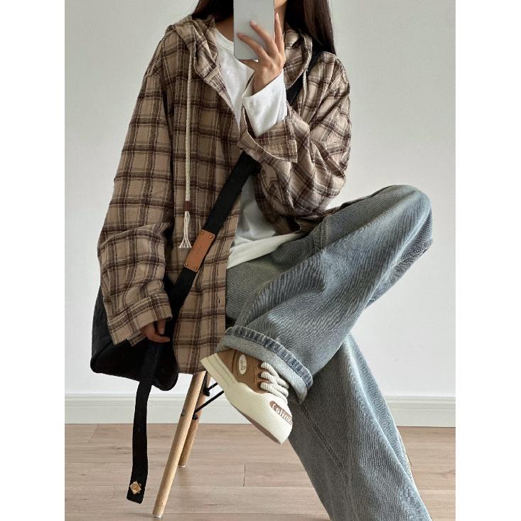 Рубашка с капюшоном и длинными рукавами в клетку в японском стиле в стиле Гонконга, свободная рубашка для мальчиков, летнее модное универсальное повседневное пальто