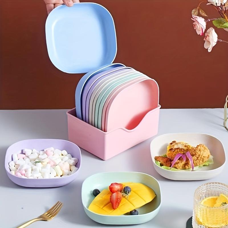 10pcs Square Plates, Portable Food Plate Set, Durable Plastic, for Outdoor, Snack and Breakfast Snack Tray with Base Storage Box