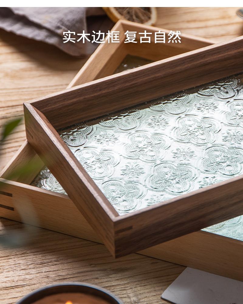 Japanese Style Rectangular Wooden Tray, Light Luxury Glass Home Decoration Storage Living Room Coffee Table Tray