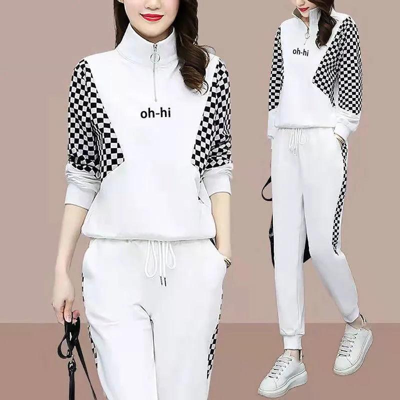 Women's Spring and Fall Plus Size Casual Sportswear Suit High Collar Long-sleeved Half-zipper Top + Drawstring Pants Two-piece Set