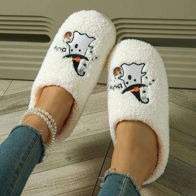 2026 Хэллоуин Тыква Привидение Зимние Хлопковые Тапочки для Мужчин и Женщин - Уютный Домашний Парный Стиль