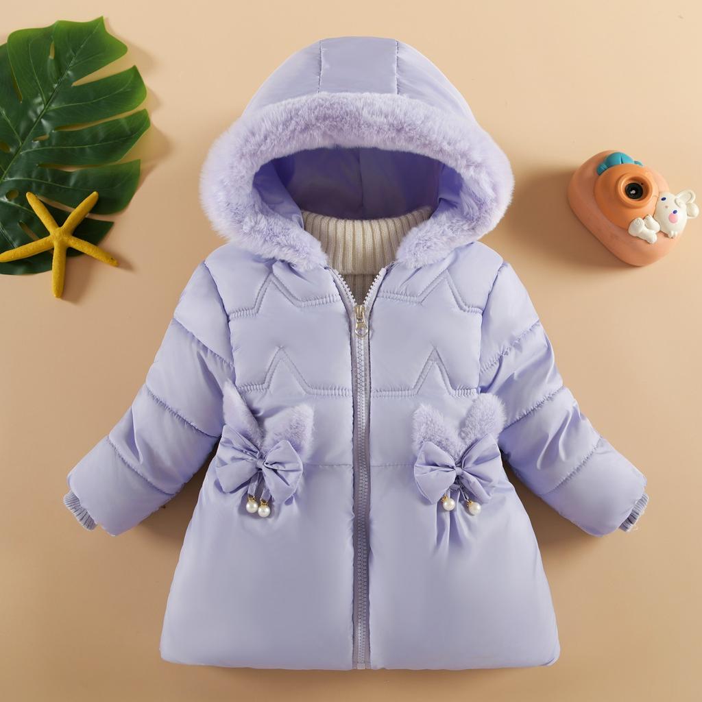 2-4 Years Autumn Winter Girls Jacket Fur Collar Keep Warm Flowers Little Princess Coat Hooded Zipper Baby Outerwear Kids Clothes