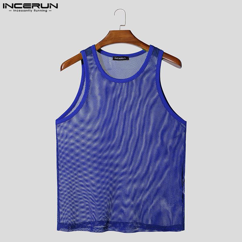 INCERUN Men Round Neck Sleeveless Mesh Sheer See Through Party Tank Tops T-shirts