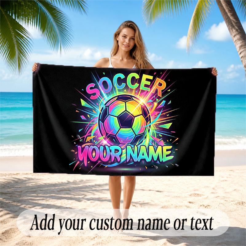 Soccer Theme Beach Towel Personalized Custom Name & Text Soft Quick Dry Beach Towel for Swimming Travel