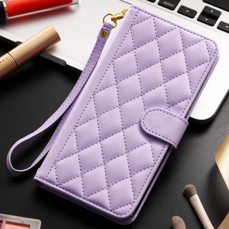 S23 S24 Ultra Checkered Leather Case For Samsung Galaxy S24 S23 S22 S21 S20 FE S10 Note 20 Ultra 10 Plus 9 8 Lanyard Flip Cover