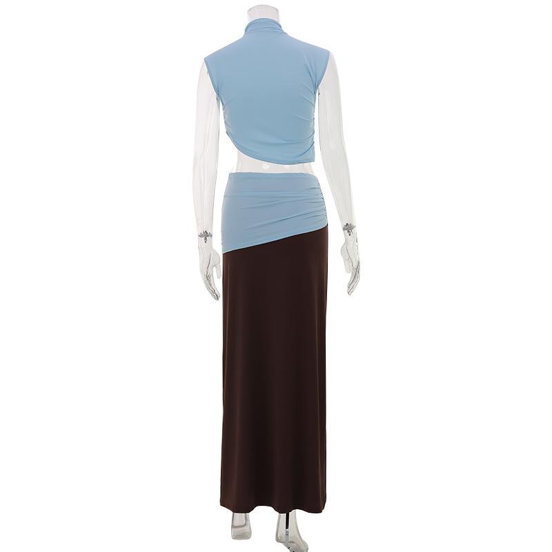 Women's Summer Fashion 2 Piece Outfit Sleeveless Crop Top and Low Waist Skirt Color Block Two Piece Set
