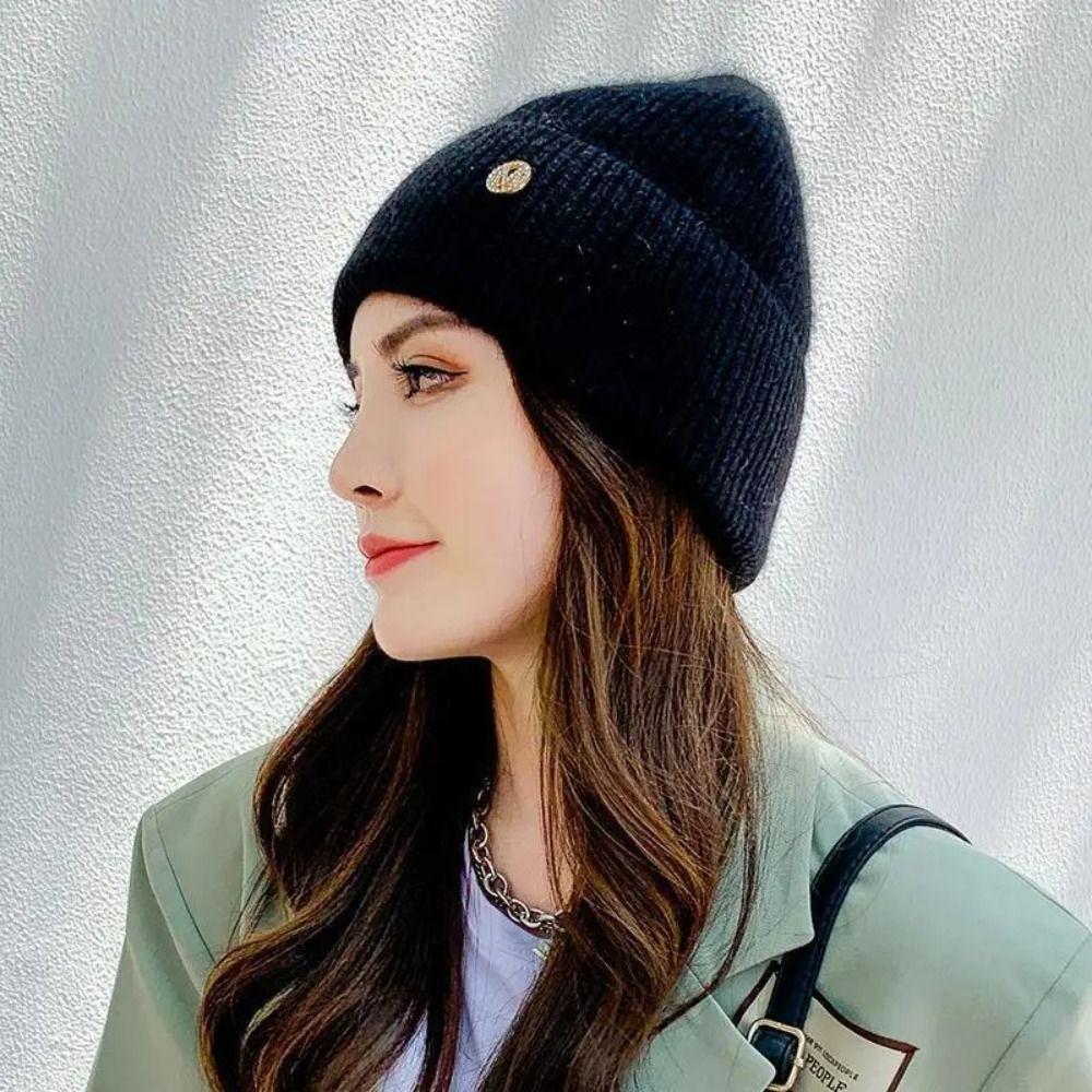 Однотонная вязаная шапка из кроличьего меха, утолщенная теплая шапка-бини, простая женская зимняя шапка