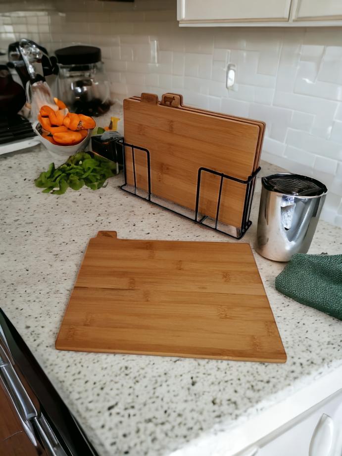 Bamboo Cutting Boards Set Of 4 Kitchen Boards + Steel Stand