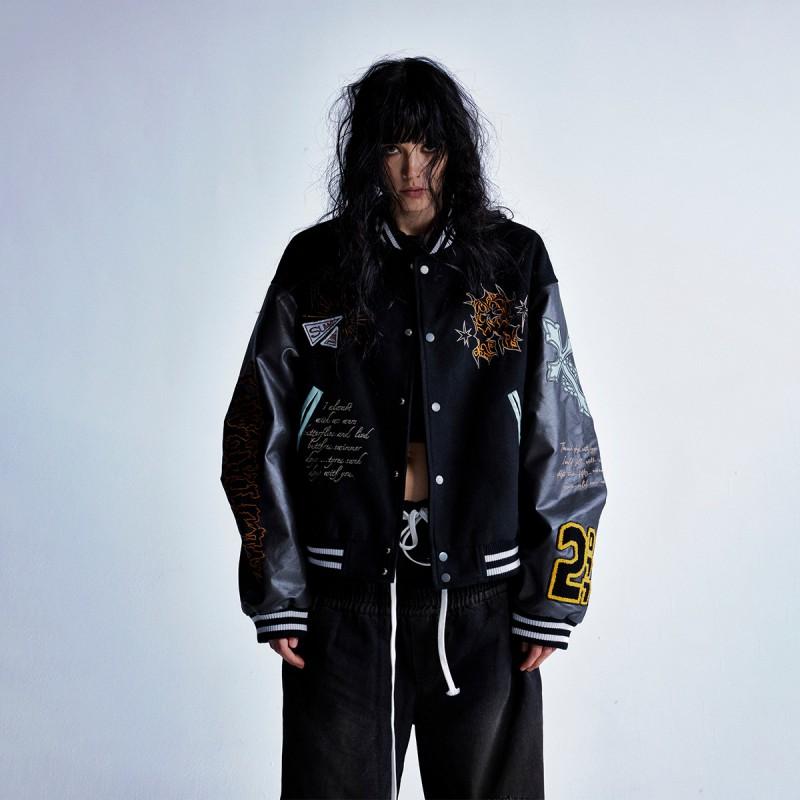 Mens Oversized Vintage Baseball Jacket With Embroidered Totem Design Windproof Casual Outerwear Fall