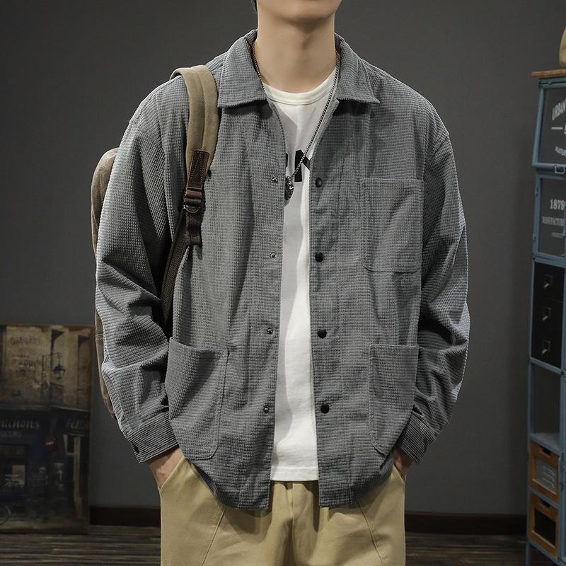 Куртка из вафельной ткани, мужская свободная и универсальная рубашка с длинными рукавами в американском стиле в стиле ретро, модная повседневная куртка