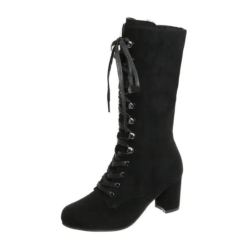 Зимние женские сапоги, модные винтажные ботинки на шнуровке, женские круглые ковбойские сапоги на высоком каблуке, женские сапоги-ботинки