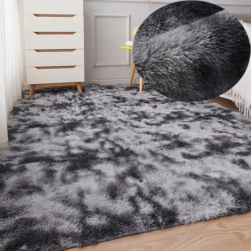 Rainbow Fluffy Carpet Tie-dye Plush Rug Gradient Silk Wool Bedside Rug Non-Slip Mat Soft Plush Area Carpet Room Decoration