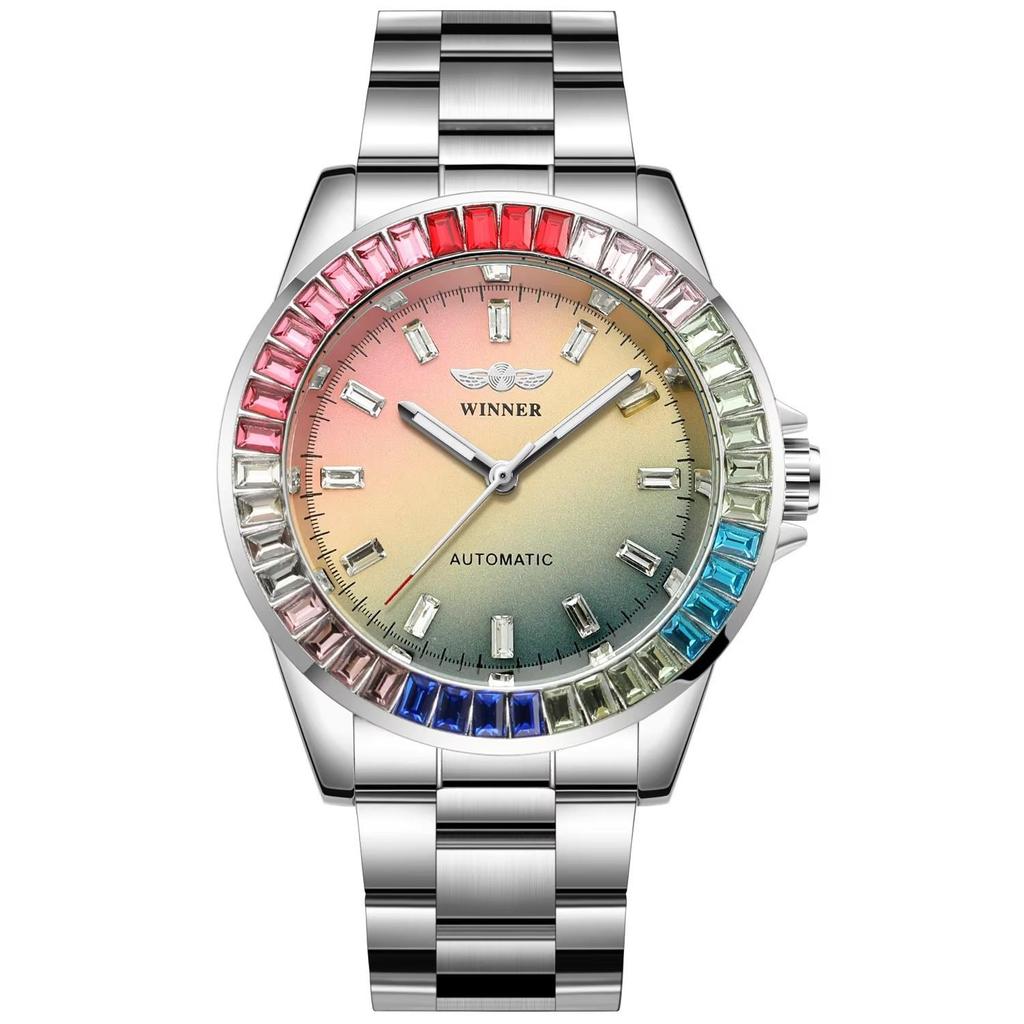 Модные цветные бриллиантовые часы для мужчин, полностью автоматические механические часы, стальной ремешок для мужских наручных часов, модный циферблат с рисунком в технике тай-дай