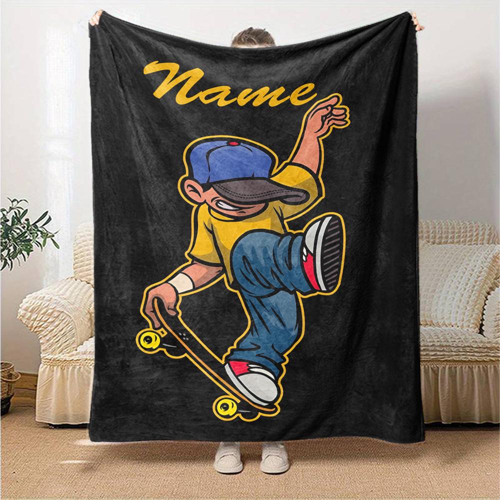Custom Name skateboard Theme Printed Blanket - Perfect for Couch, Bed, Travel & Outdoor Use | Machine Washable, Cozy & Durable.
