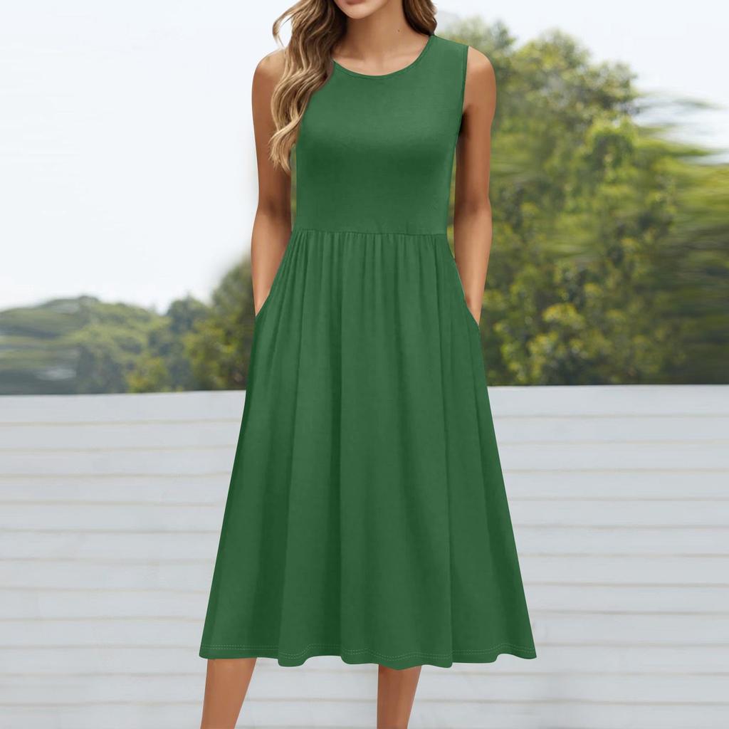 Женское модное однотонное платье без рукавов с круглым вырезом и карманом средней длины