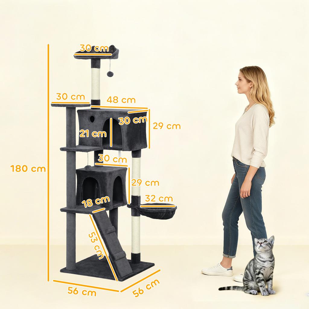 180cm Large Cat Tree Tower With Sisal Scratching Posts Condos Plush Perches Hammock Ladder Dark Grey