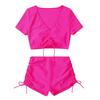 2Pcs/Set Women Summer Bikini Set V Neck Short Sleeve Tops High Waist Drawstring Swimming Trunks Solid Color Quick Drying Swimsuit