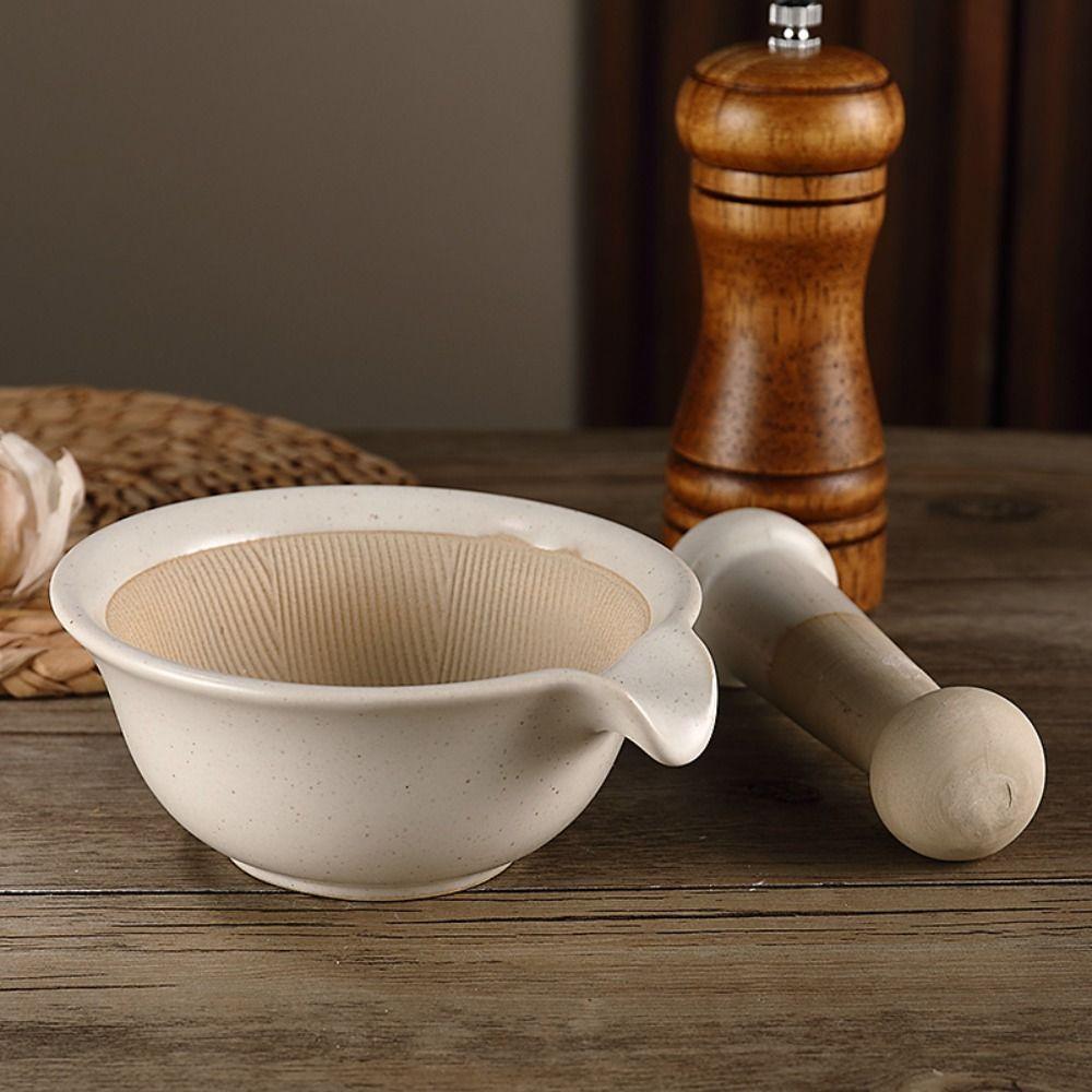Ceramic Grinding Bowl Rod Set Durable Garlic Mortar Pestle Rice Paste Bowl Pedestal Bowl