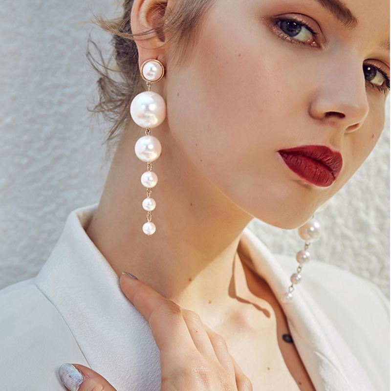 Trendy Elegant Created Big Simulated Pearl Long Earrings Pearls String Statement Drop Earrings For Women Wedding Party Gift