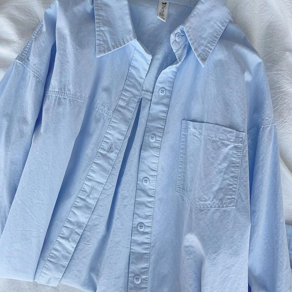 Весна Осень Длинный Рукав Белая Рубашка Женская Корейская Мода Карманы Свободная Повседневная Простая Рубашка Женская