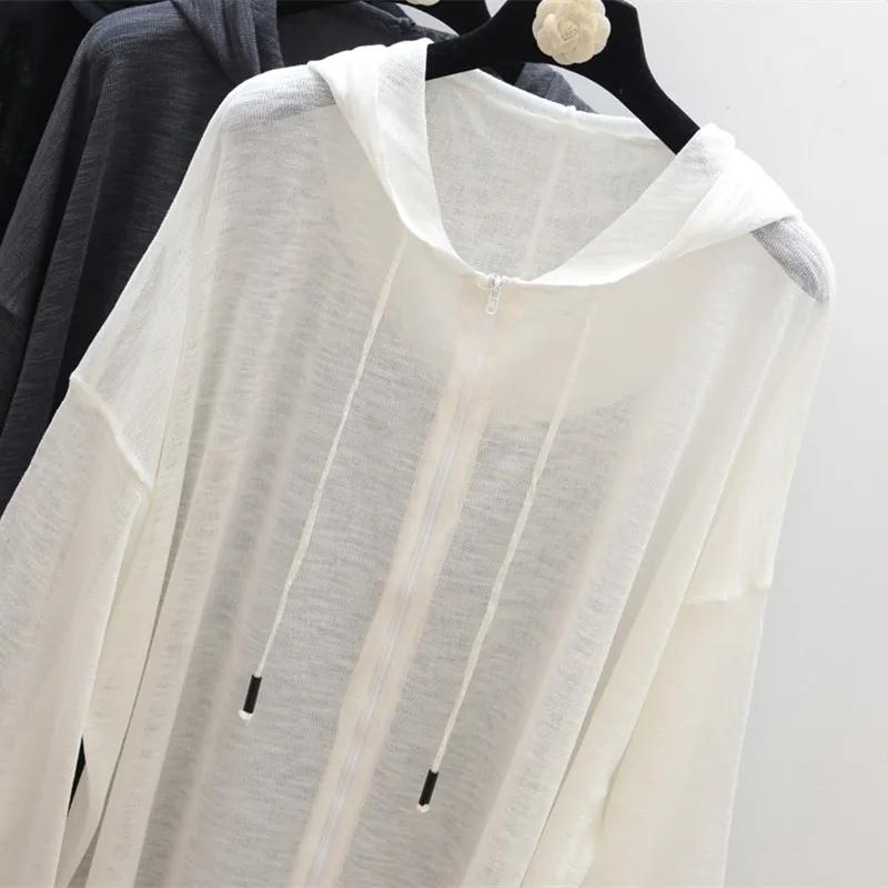 Женская Весенне-Летняя Корейский Стиль Большого Размера Защита от Солнца Рубашка Студенческая Свободный Крой Фонарик Рукав С Капюшоном Куртка