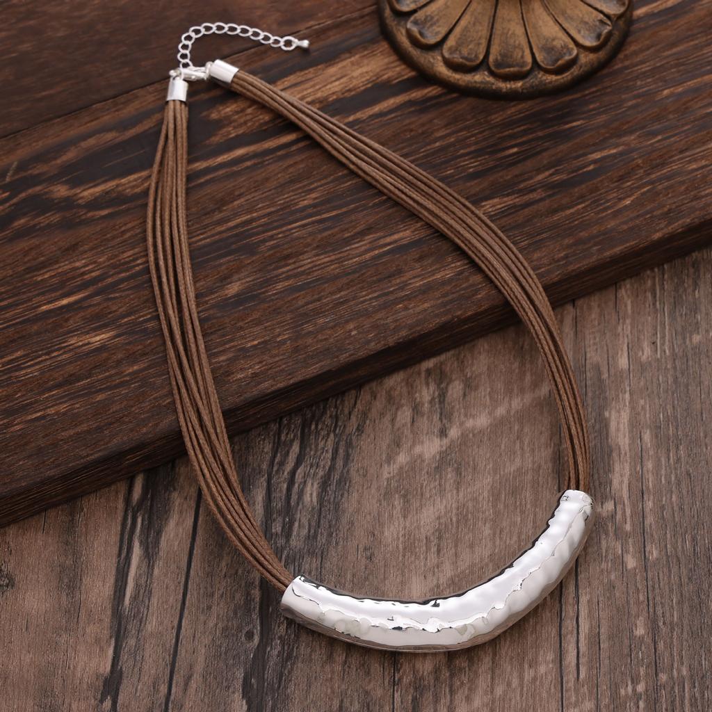 Геометрическое ожерелье-полумесяц из сплава и кожаного шнура, богемное ретро, личность, женское ожерелье-полумесяц