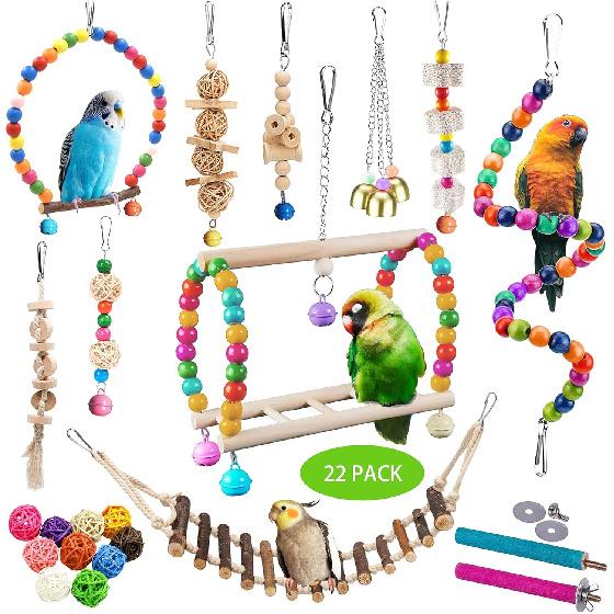 22 Packs Bird Parakeet Cockatiel Toys,Parrot Swing Chewing Hanging Toy with Safe Bells,Bird cage Colorful Climbing Standing Rope Natural Wood Ladder