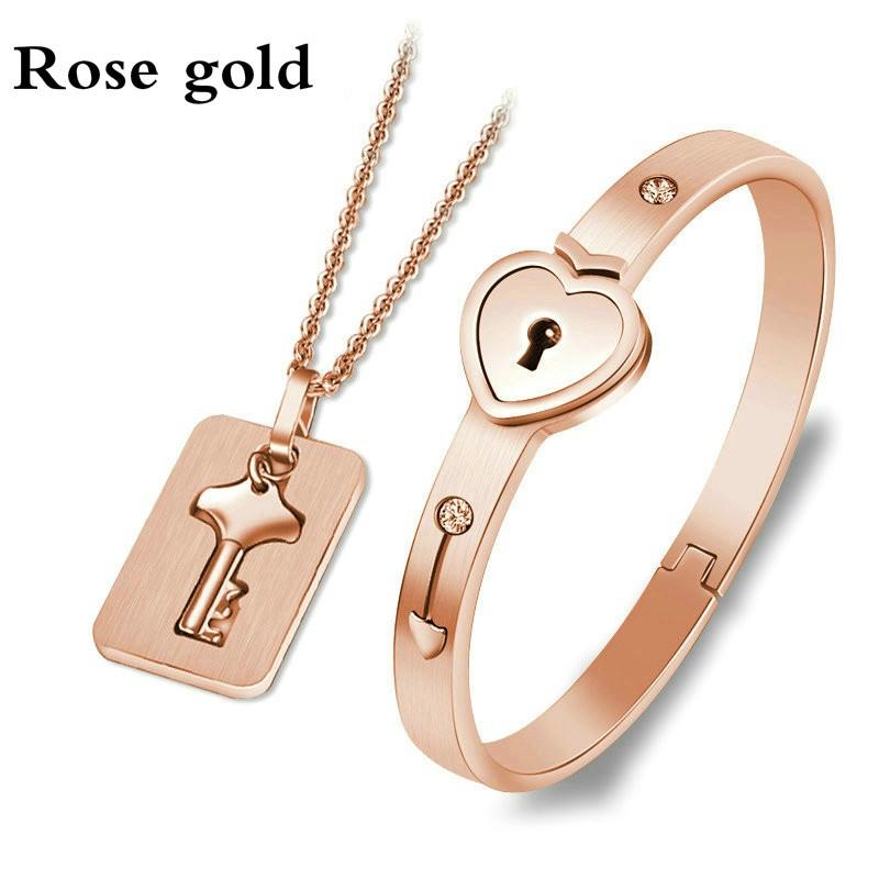 Модные парные комплекты ювелирных изделий для влюбленных из нержавеющей стали, браслеты с замком в виде сердца, ожерелье с подвеской в виде ключа, парный комплект