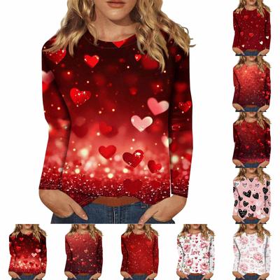 Женская мода повседневная с длинным рукавом и принтом ко Дню святого Валентина с круглым вырезом