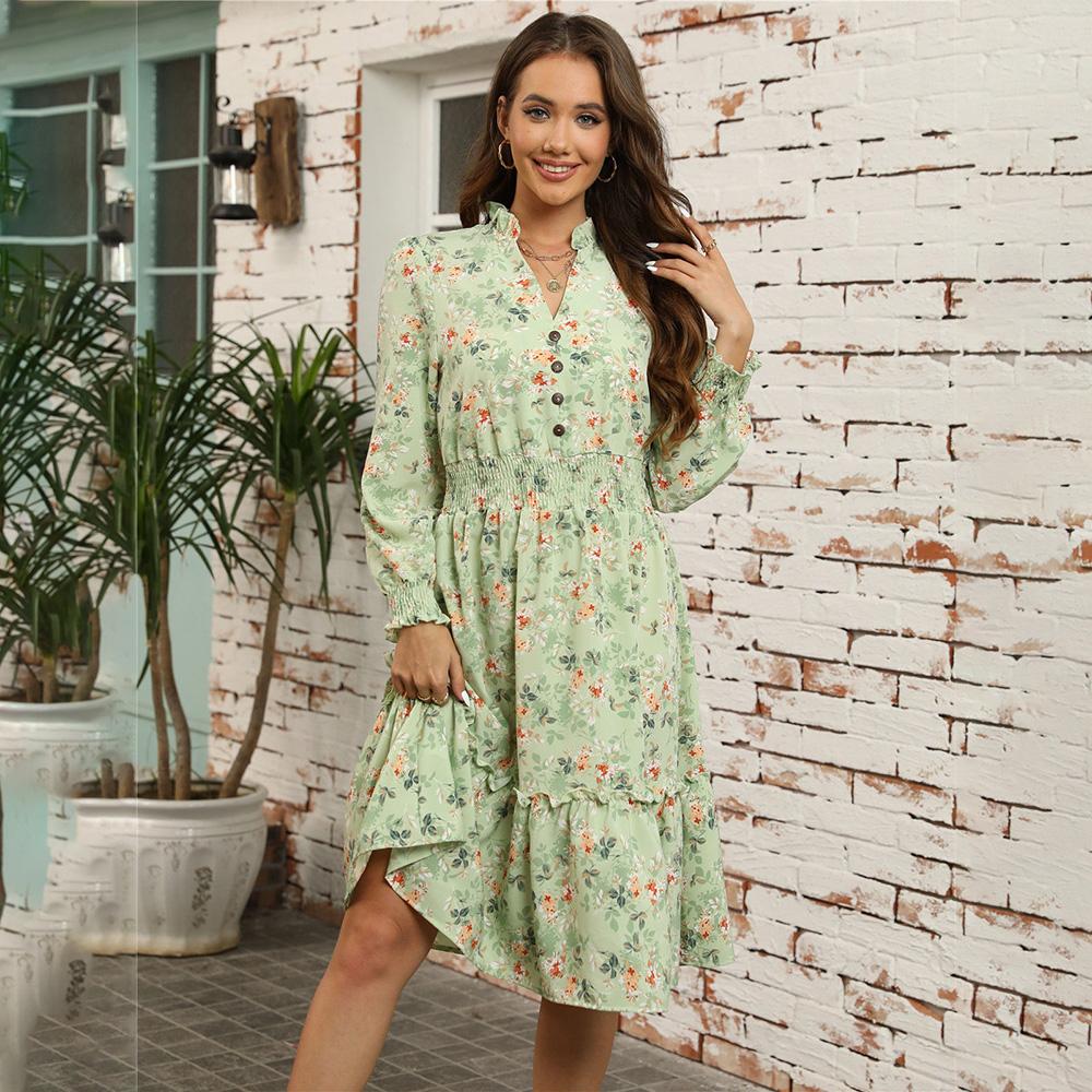 Осень-зима женское элегантное повседневное платье трапециевидной формы длиной до колена с высокой талией и длинным рукавом с принтом