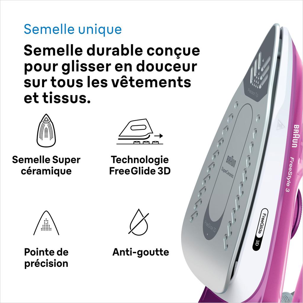 Fer vapeur - BRAUN - FI3124PU Freestyle 3 - Puissance 2400 W - Semelle SuperCéramic - Réservoir d’eau 270 ml - Auto-nettoyant
