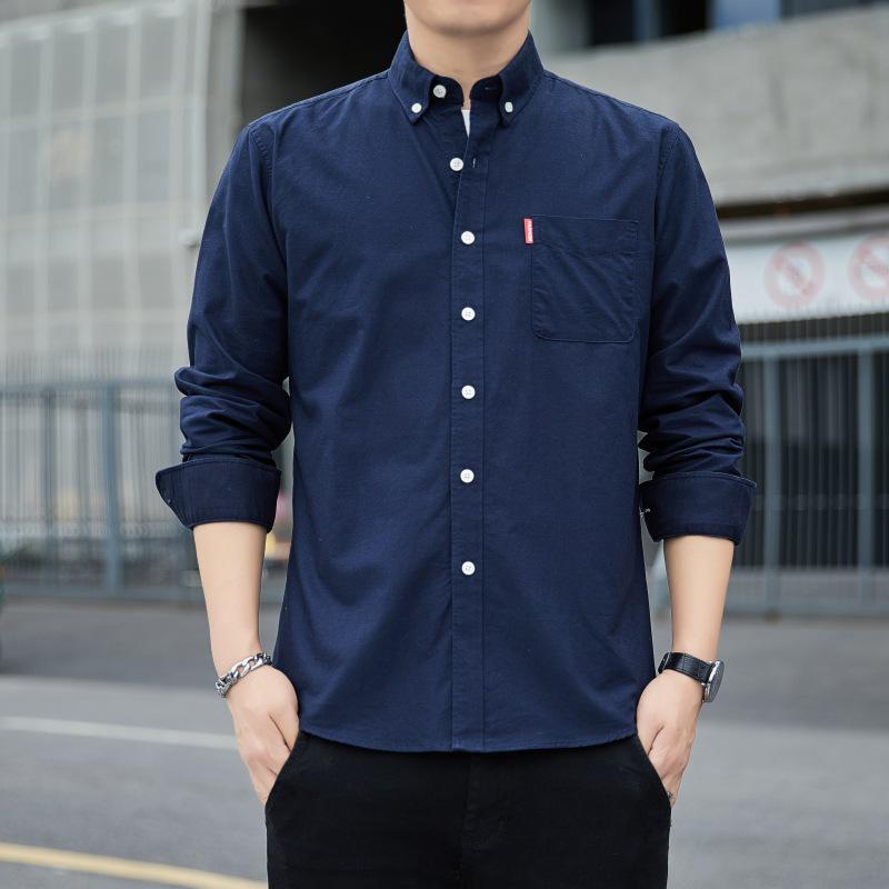 Мужская приталенная рубашка Оксфорд с длинным рукавом - Весенне-осенняя повседневная и дышащая