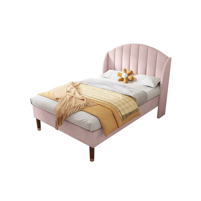 Lit rembourré - MUVOE - 90x200 cm - Velours rose - Sommier à lattes - 1 place