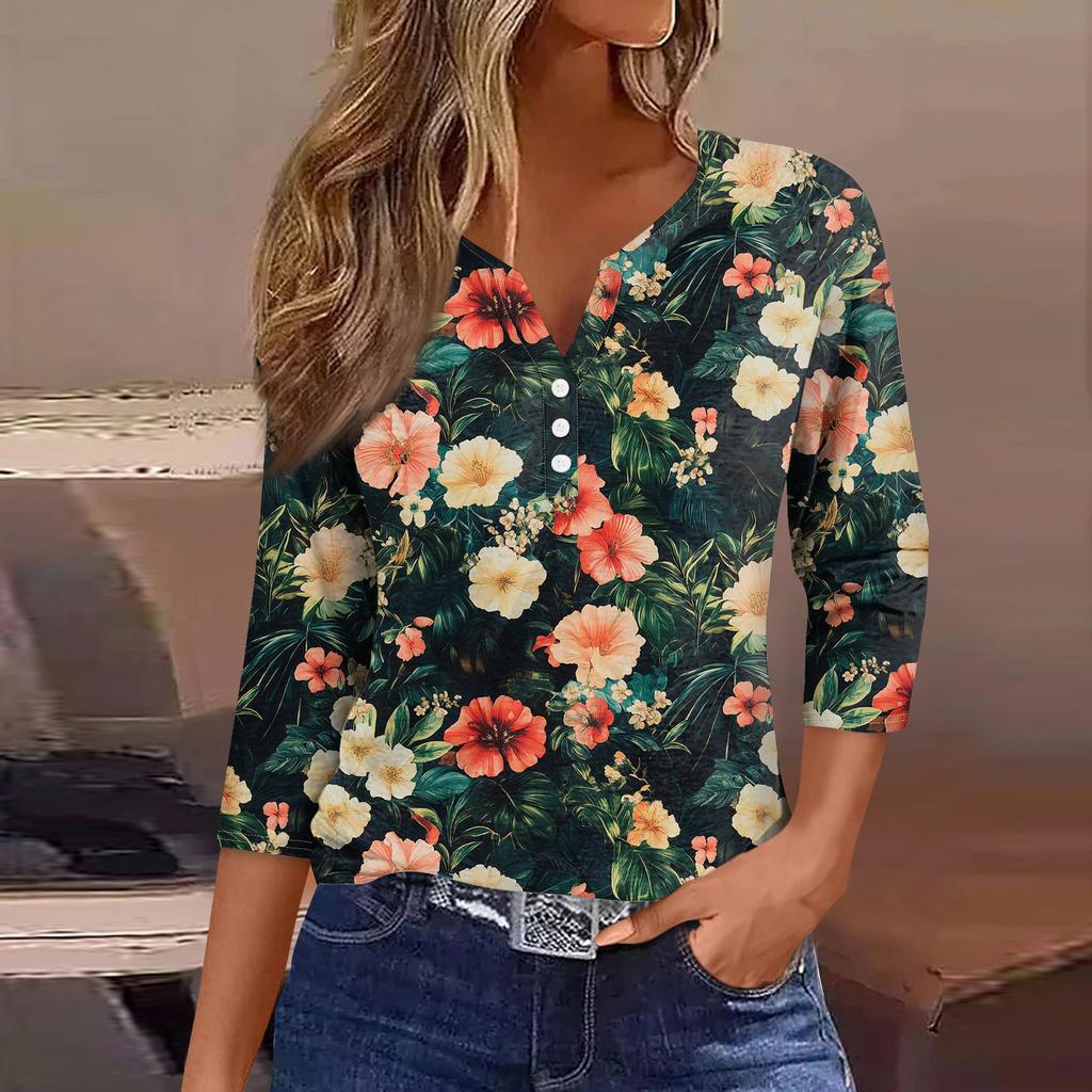 Женский свободный повседневный топ с цветочным принтом и V-образным вырезом с рукавами семь четвертей Топ с V-образным вырезом и рукавами семь четвертей