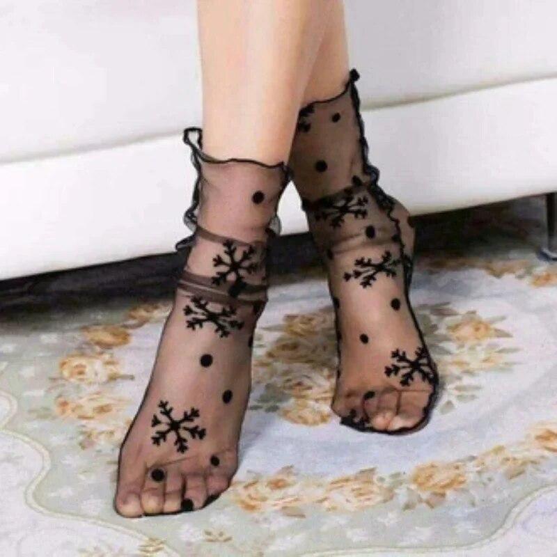 1pair Sexy Star Dot Lace Socks Women Transparent Mesh Ankle Socks Ladies Ultra-Thin Princess Tulle Socks Female Streetwear Socks