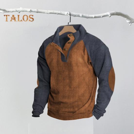 Весна Осень Мужская Толстовка Цветные Блоки Пэчворк Ретро Стиль Полуоткрытый Воротник-стойка Топ Плюс Размер Свободный Длинный Рукав Топ Повседневная Жизнь Офис