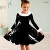 Girls Black And White Printed Long Sleeve A Line Flared Dress With Furry Trim Collar And Cuffs