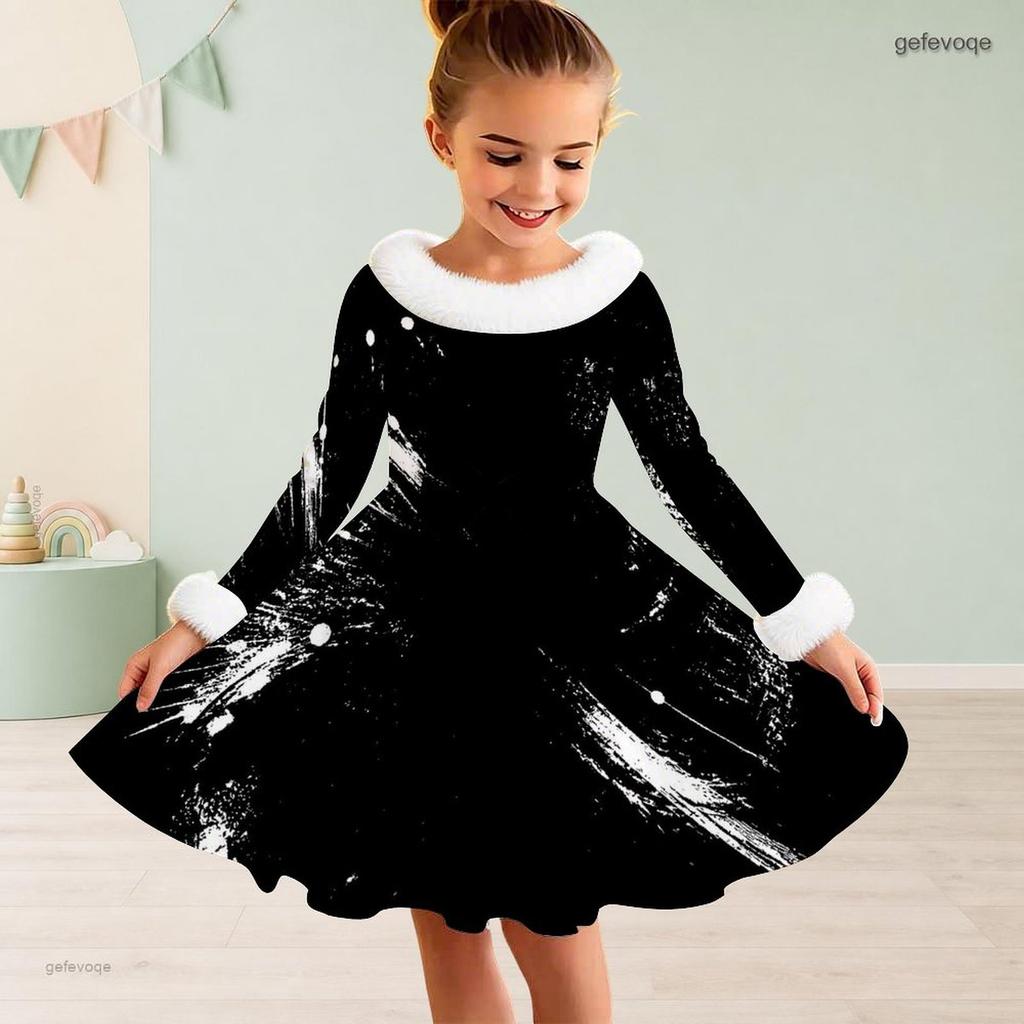 Girls Black And White Printed Long Sleeve A Line Flared Dress With Furry Trim Collar And Cuffs